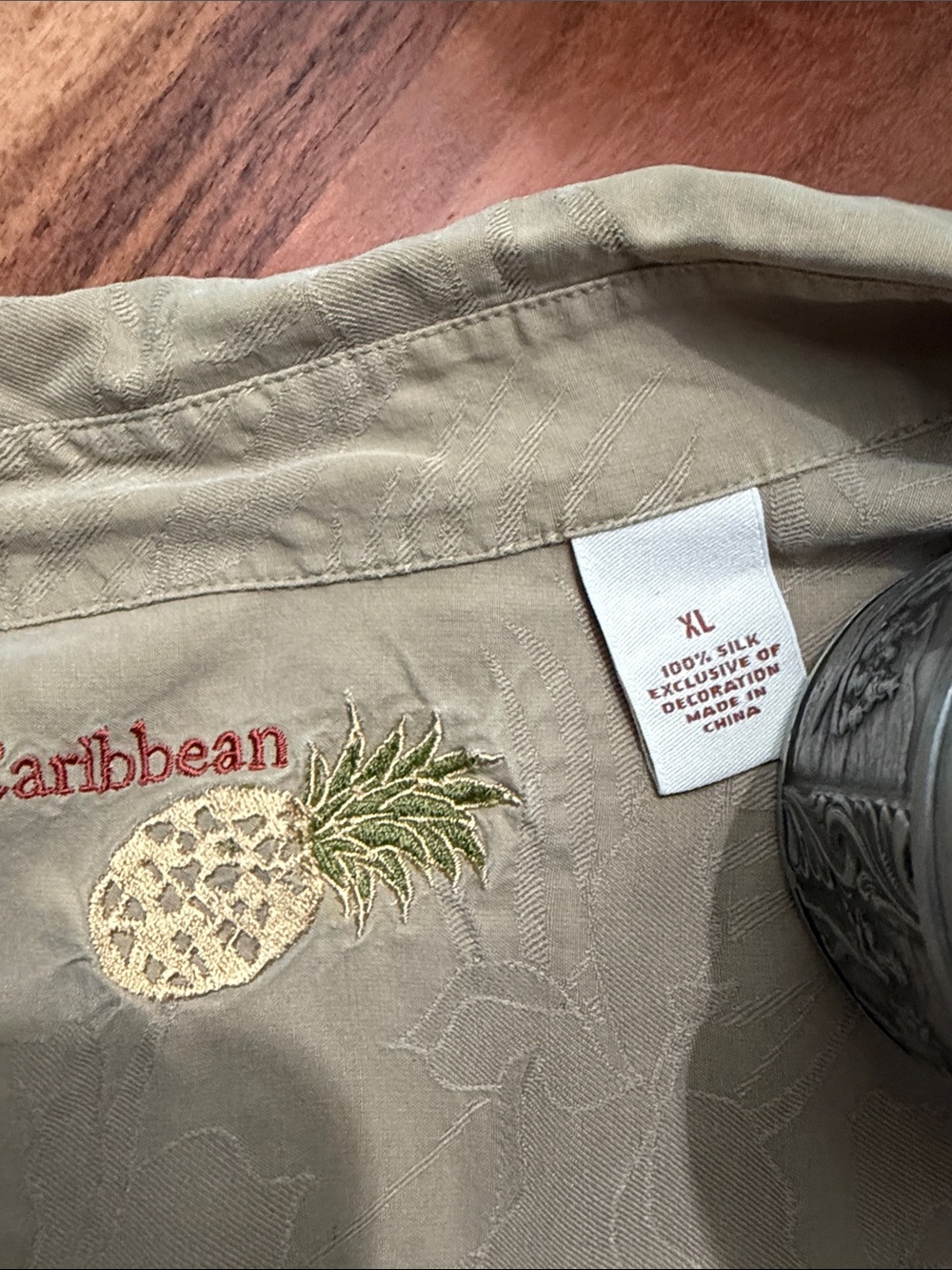 Silk Caribbean Joe Olive Green Embroidered Pineapple Silk Dress Shirt XL